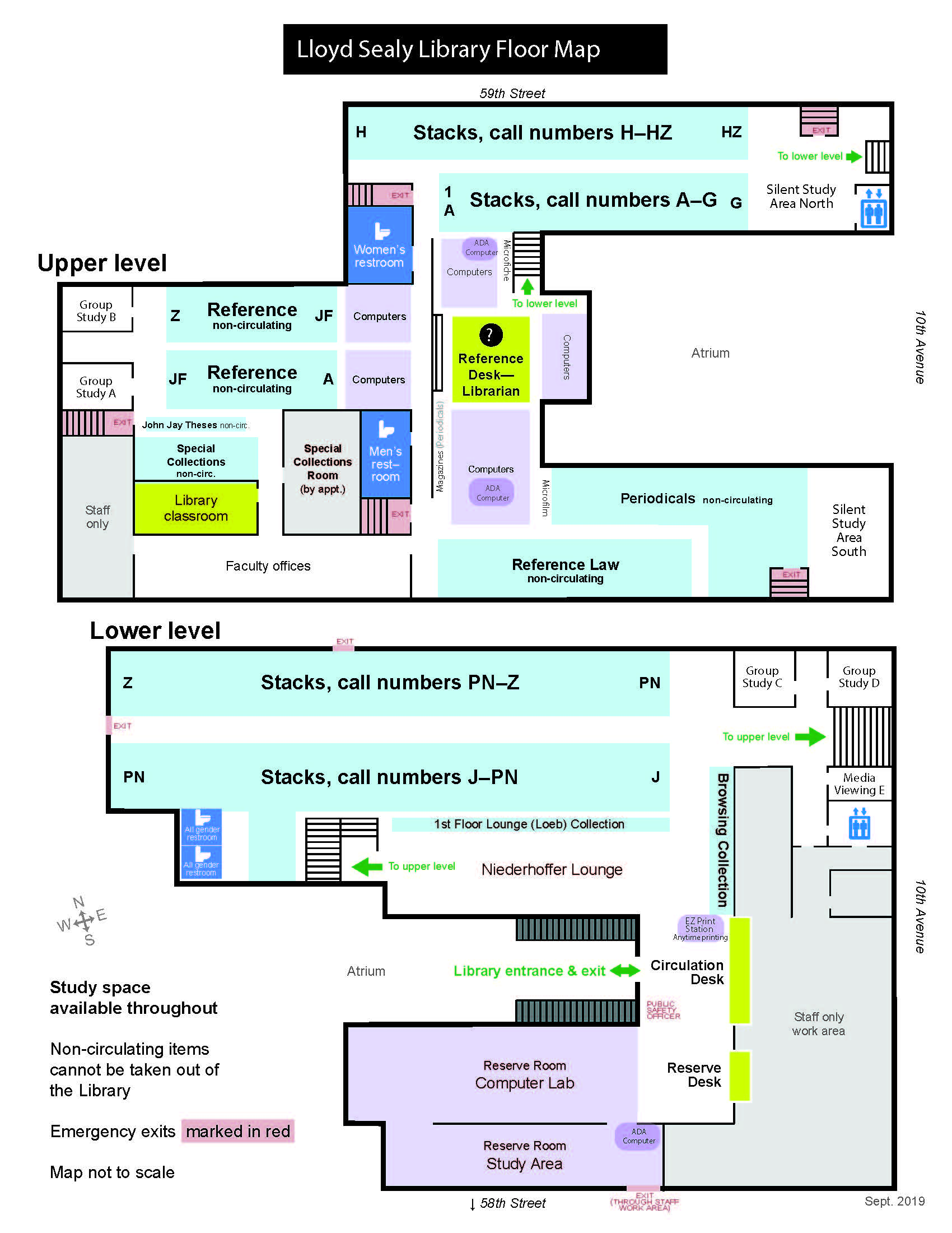 Upper floor: Reference Desk, Stacks A through H, Classroom, Conference Room, Faculty Offices, Computers, Scanners, Printers, Microfilm, Periodicals, Law Reference, Reference, Special Collections, Group study rooms. Lower floor: Library entrance, Circulation Desk, Reserve Desk, Computers, Scanners, Printers, Stacks J through Z, Group study rooms.