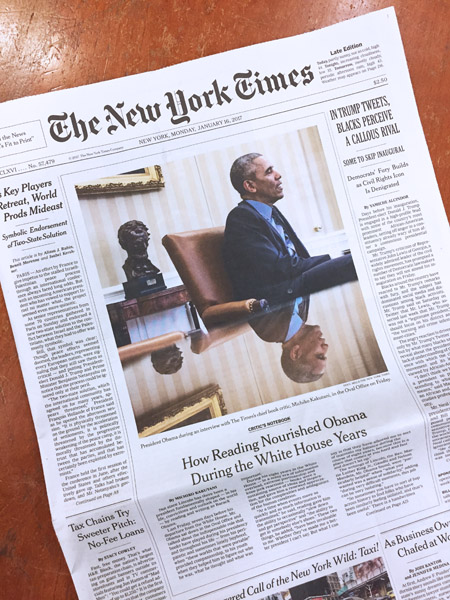Front page of New York Times, January 16, 2017 — photo of President Obama