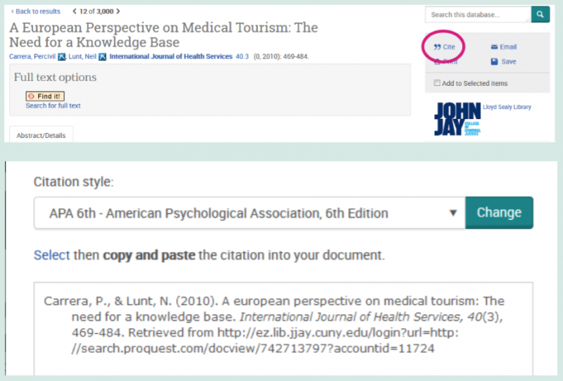 Cite button in grey box with email option. Popup of citation style choice