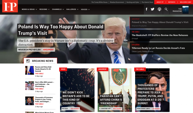 Screenshot of FP website: top article is about Trump's visit to Poland