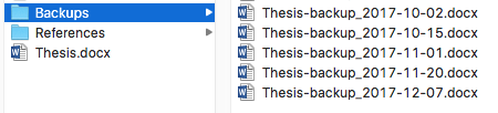 Backups folder containing five versions of a thesis