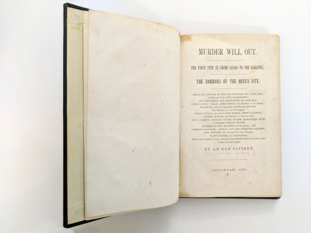 Old book open to the title page, which reads "Murder Will Out!..."
