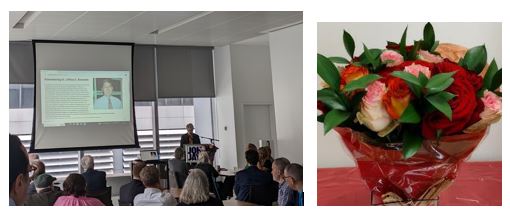 Photos from Jeffrey Kroessler's memorial service. Image on left of speeches given at the service and image on the right of a flower bouquet
