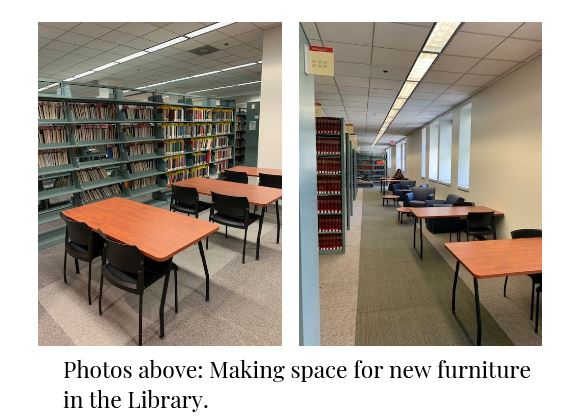 Two photos of new furniture in the library