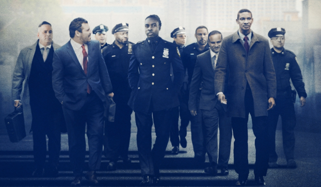 Men in suits and police officer uniforms walking