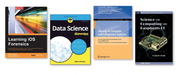 Four book covers: Learning iOS Forensics, Data Science for Dummies, ...