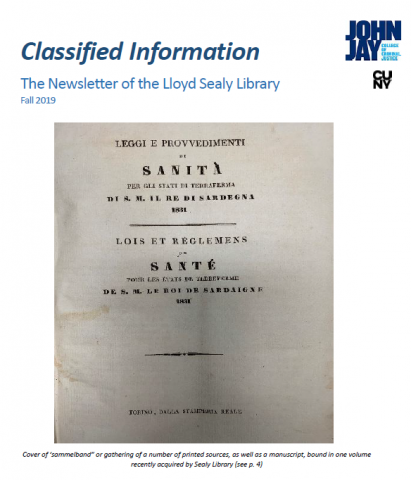 Shows cover of newsletter showing title page from rare book about cholera