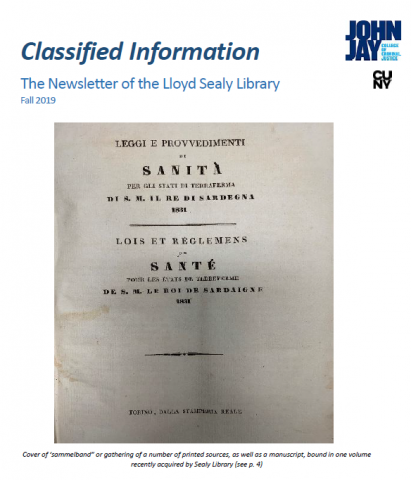 Classified Information Fall 2019 Shows cover of newsletter showing title page from rare book about cholera