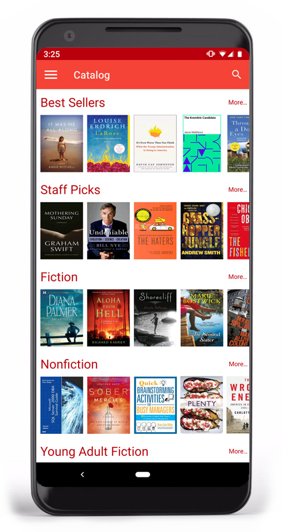 Smartphone displaying SimplyE, with Bestsellers and Staff picks book lists