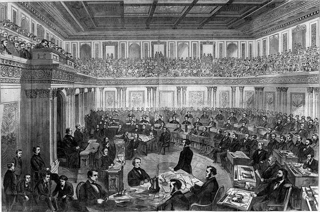 Senate as a Court of Impeachment for the Trial of President Andrew Johnson (Source: Theodore R. Davis/Wikimedia Commons) Senate as a Court of Impeachment for the Trial of President Andrew Johnson (Source: Theodore R. Davis/Wikimedia Commons)