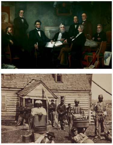 Top image is a painting with Abraham Lincoln and other lawyerly men around a table full of books and documents. Bottom image is a sepia photograph of a dozen black people outside of a house. Some people carry baskets or wash buckets.