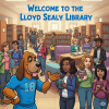 A Welcome scene, students and librarians at library stacks, John Jay's Bloodhound mascot welcomes students