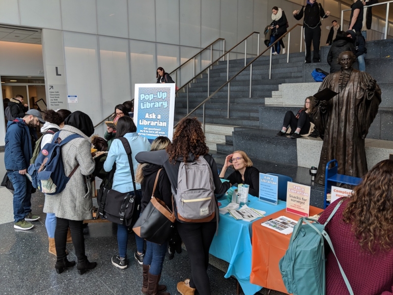 Students congregating around table with Pop Up Library: Ask A Librarian sign