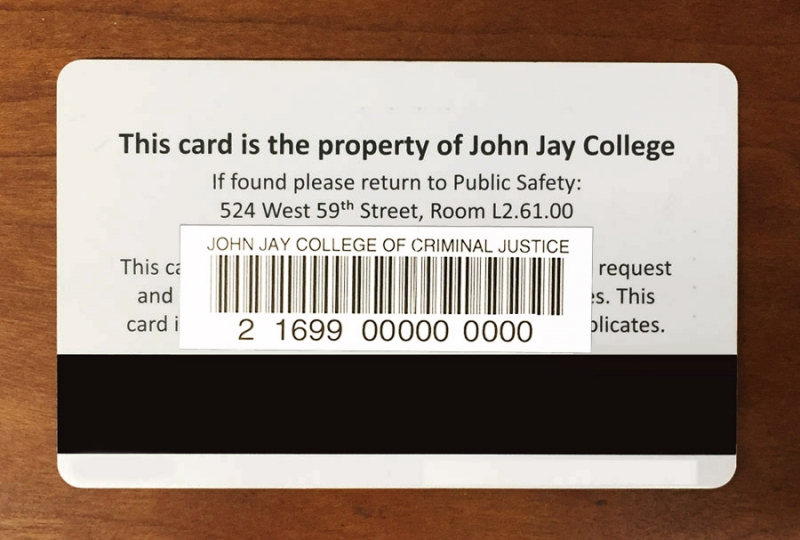 Back of John Jay ID card with barcode sticker with number beginning 21699...