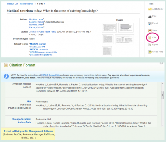 Cite button under Tools in Ebsco database; choice of citation style in popup window