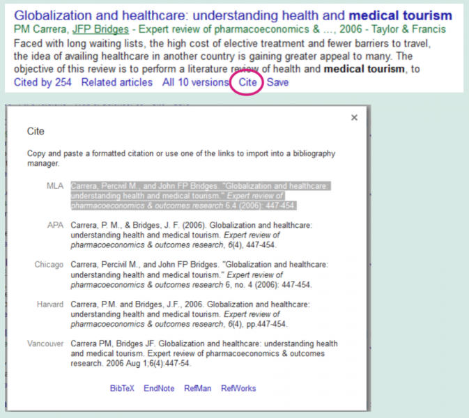 Cite button beneath article's search result in Google Scholar. Choice of style