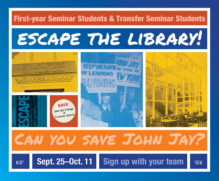 Event flyer: First-year seminar students and transfer seminars... Escape the library!