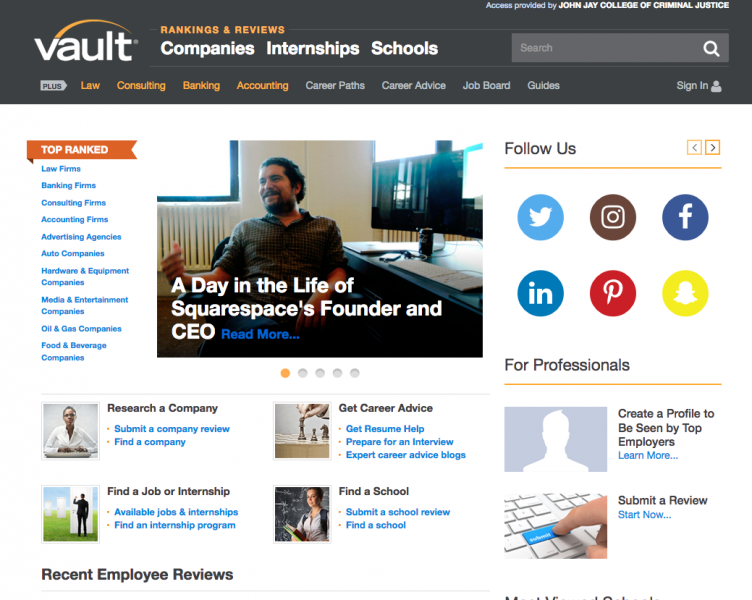 Vault: companies, internships, schools, interviews