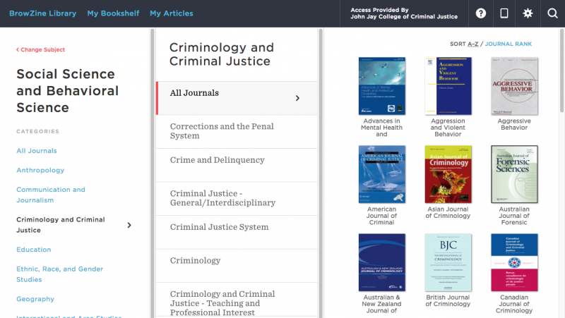 Screenshot of Browzine's selection of criminal justice journals