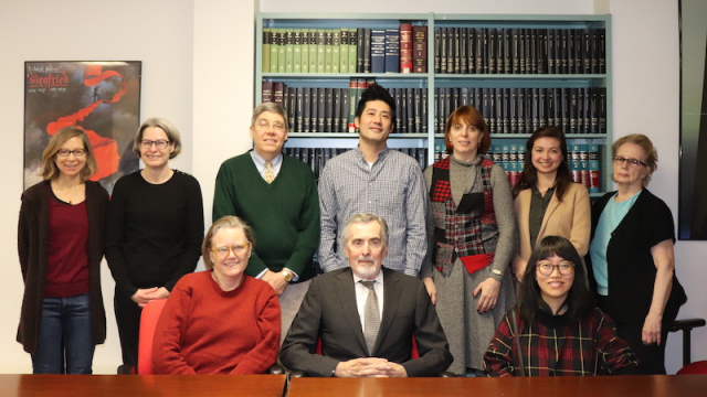 From left to right, top row: Kathleen Collins, Ellen Sexton, Jeffrey Kroessler, Geng Lin, Maria Kiriakova, Robin Davis, Dolores Grande. Bottom row: Ellen Belcher, Larry Sullivan, Karen Okamoto. Group photo of librarians and library staff