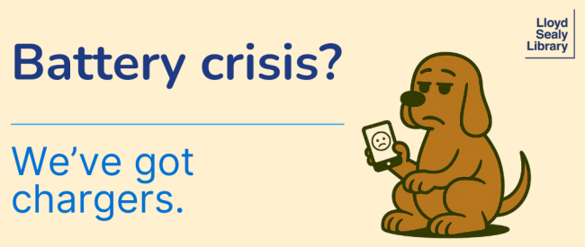 Cartoon bloodhound holding a smartphone with a sad face icon on the screen. Text reads: ‘Battery crisis? We’ve got chargers.’
