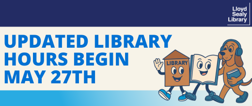 Banner reading “Updated Library Hours Begin May 27th” with cartoon illustrations of a smiling library building, a book, and a dog with headphones walking together. Lloyd Sealy Library logo appears in the top right corner.